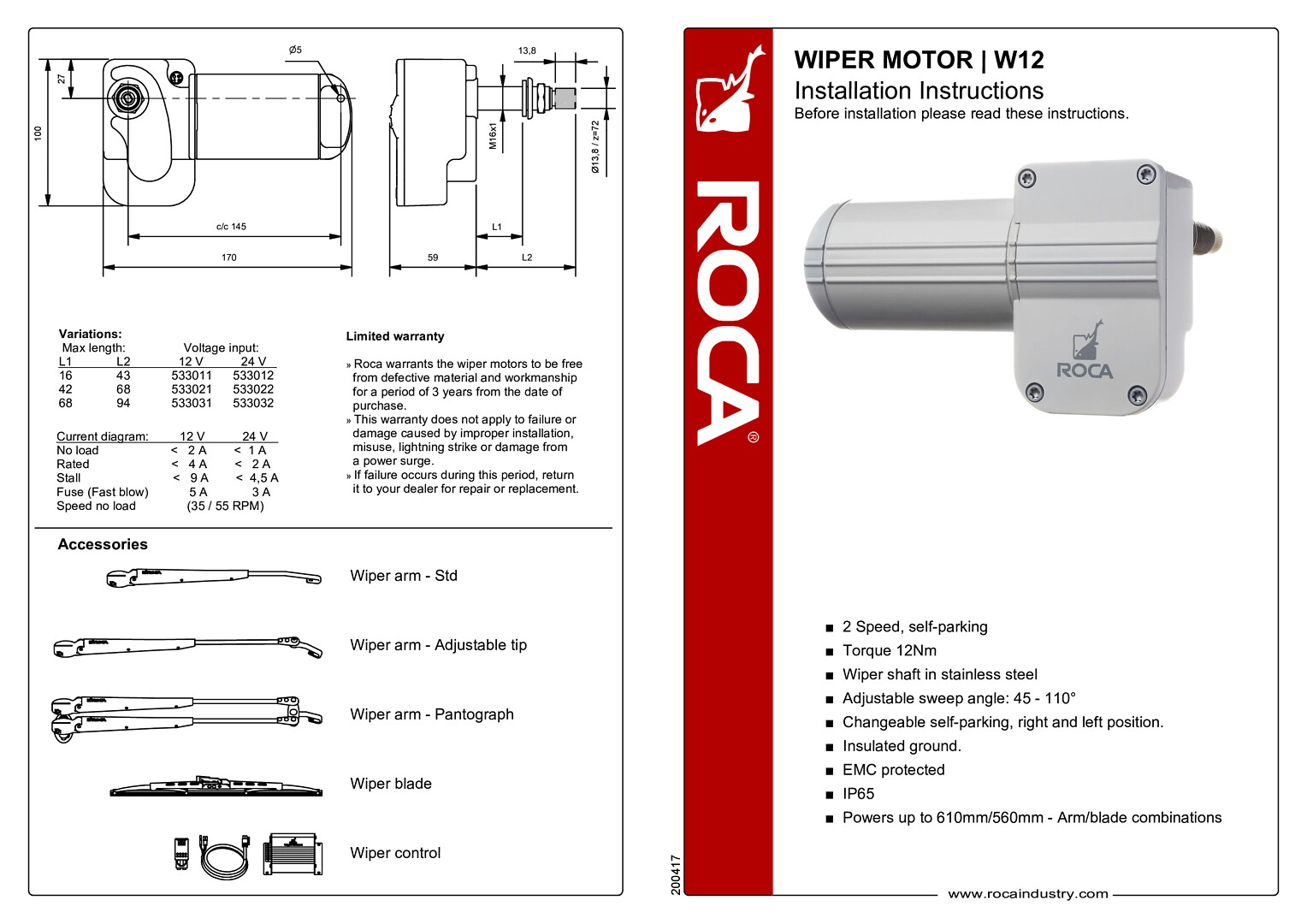 Tuulilasinpyyhkijän moottori W12 12V / 94 mm